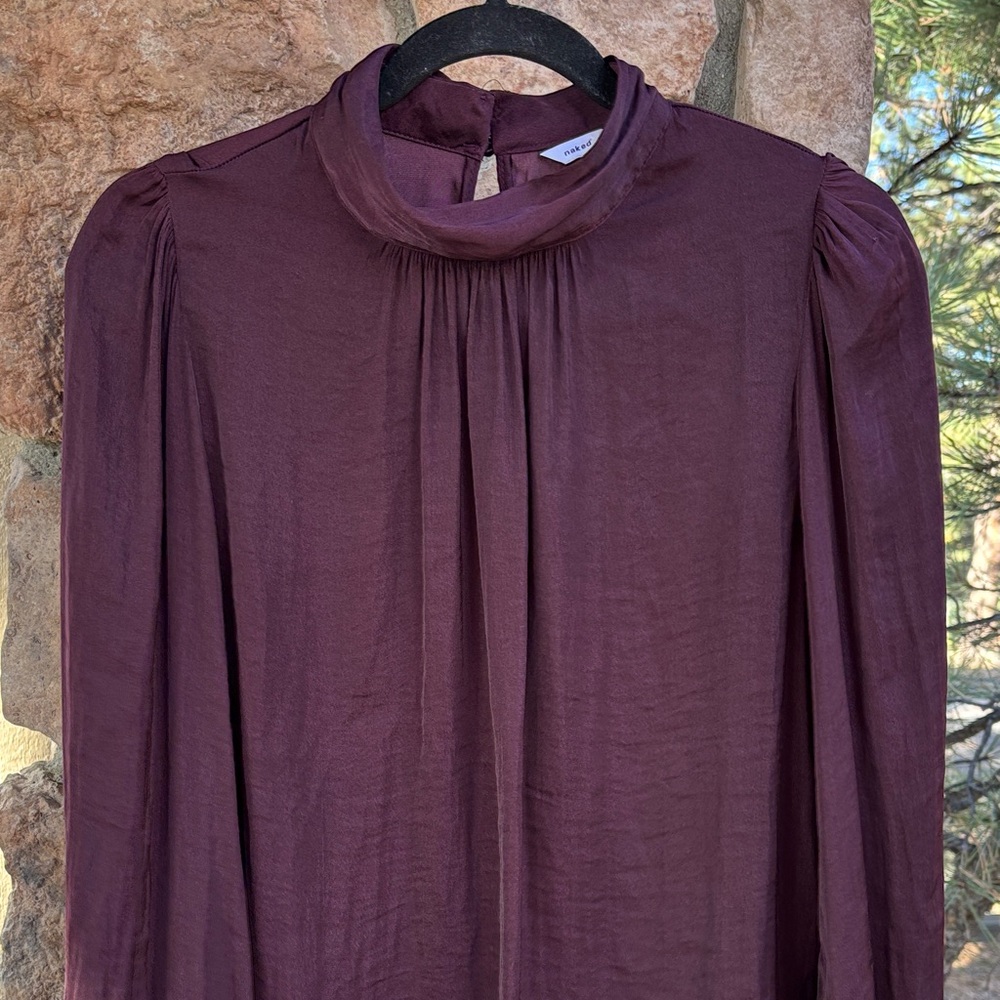 Naked Zebra MEDIUM Burgundy Purple Wine Silky Ruffle Long Sleeve Highneck Blouse